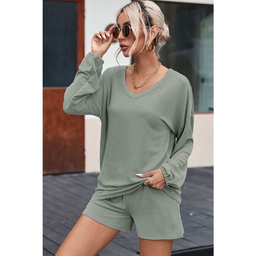 V-Neck Dropped Shoulder Top and Shorts Set Clothing