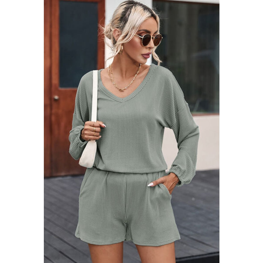 V-Neck Dropped Shoulder Top and Shorts Set Clothing