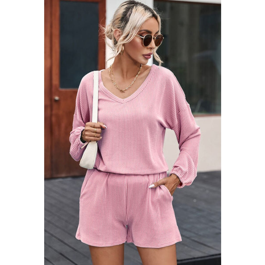 V-Neck Dropped Shoulder Top and Shorts Set Clothing