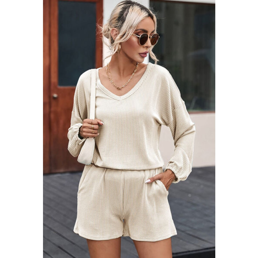 V-Neck Dropped Shoulder Top and Shorts Set Cream / S Clothing