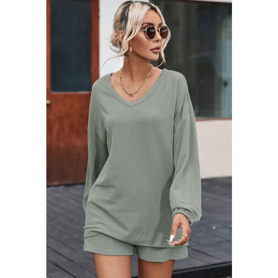 V-Neck Dropped Shoulder Top and Shorts Set Sage / S Clothing