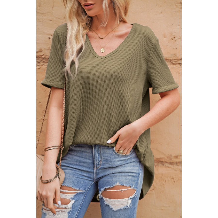 V-Neck Dropped Shoulder Tunic Top Army Green / S