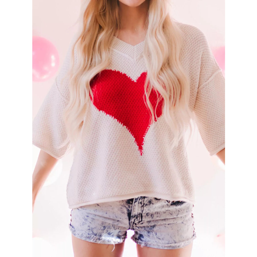 V-Neck Dropped Sleeve Heart Print Valentines Sweater Apparel and Accessories