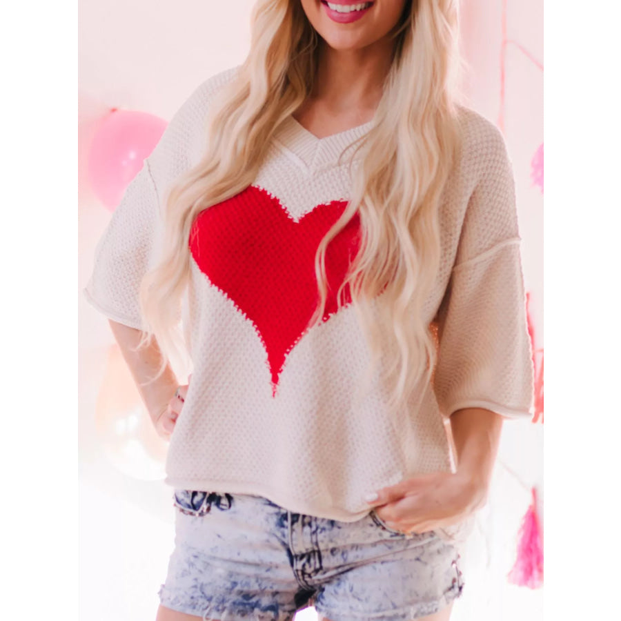 V-Neck Dropped Sleeve Heart Print Valentines Sweater Apparel and Accessories