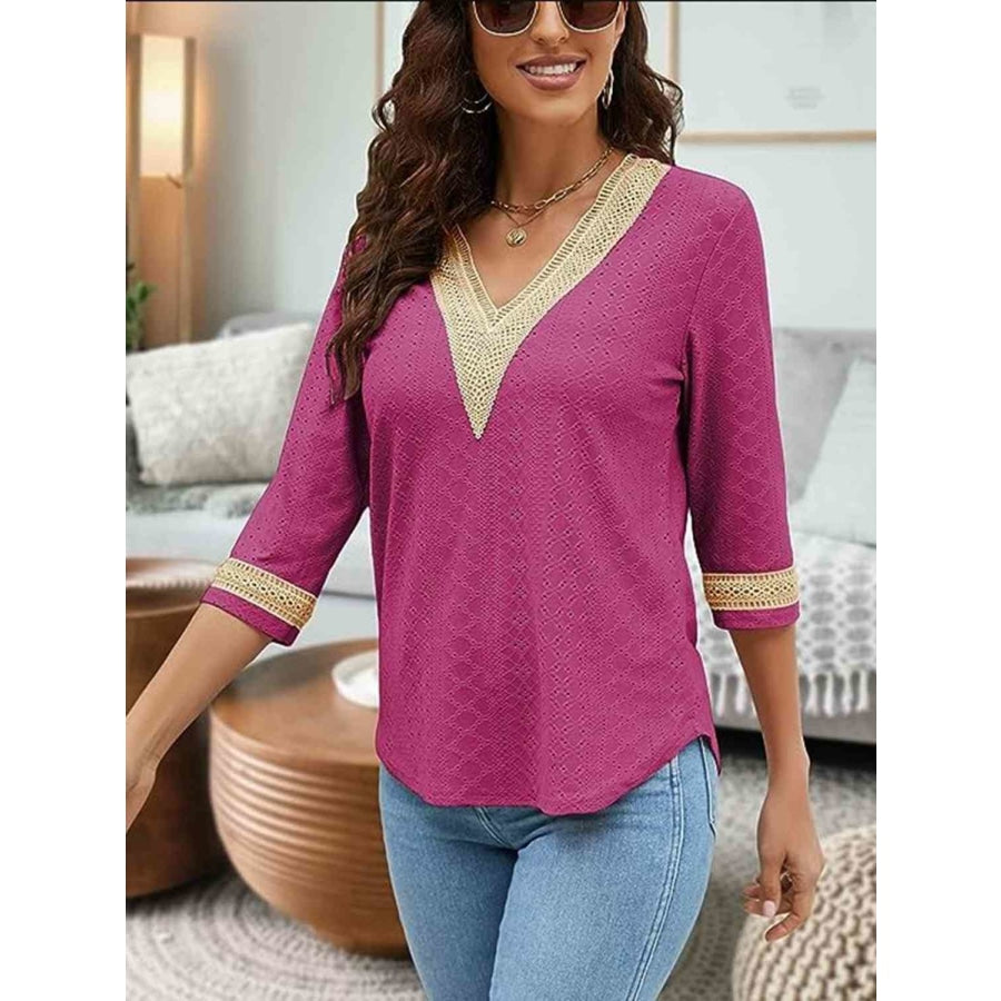 V-Neck Eyelet Blouse Cerise / S