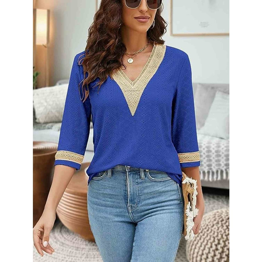 V-Neck Eyelet Blouse Cobalt Blue / S