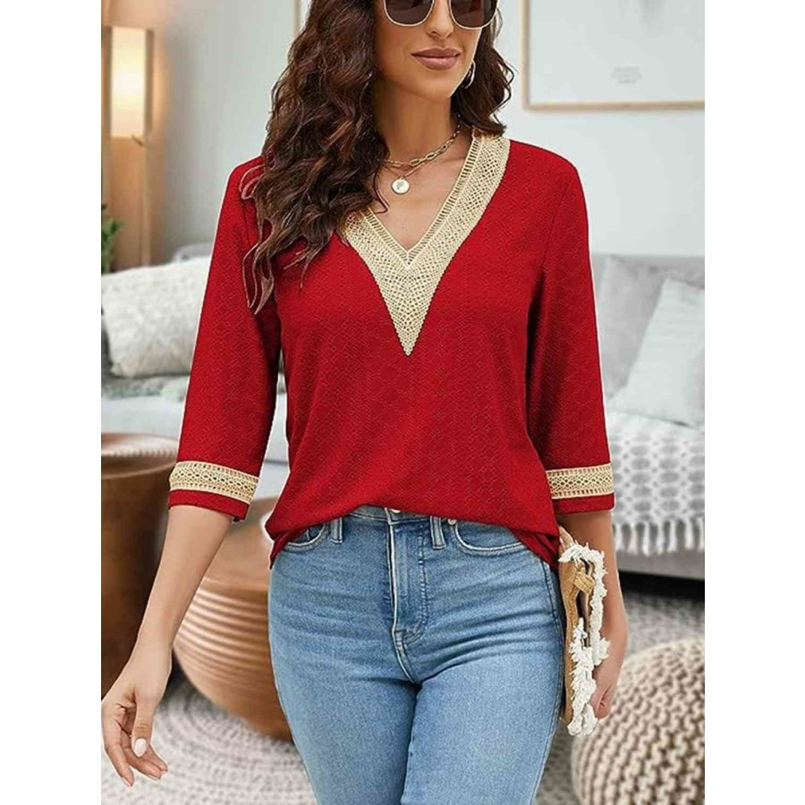 V-Neck Eyelet Blouse Deep Red / S