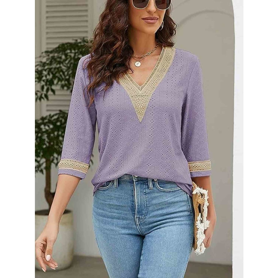 V-Neck Eyelet Blouse Lilac / S