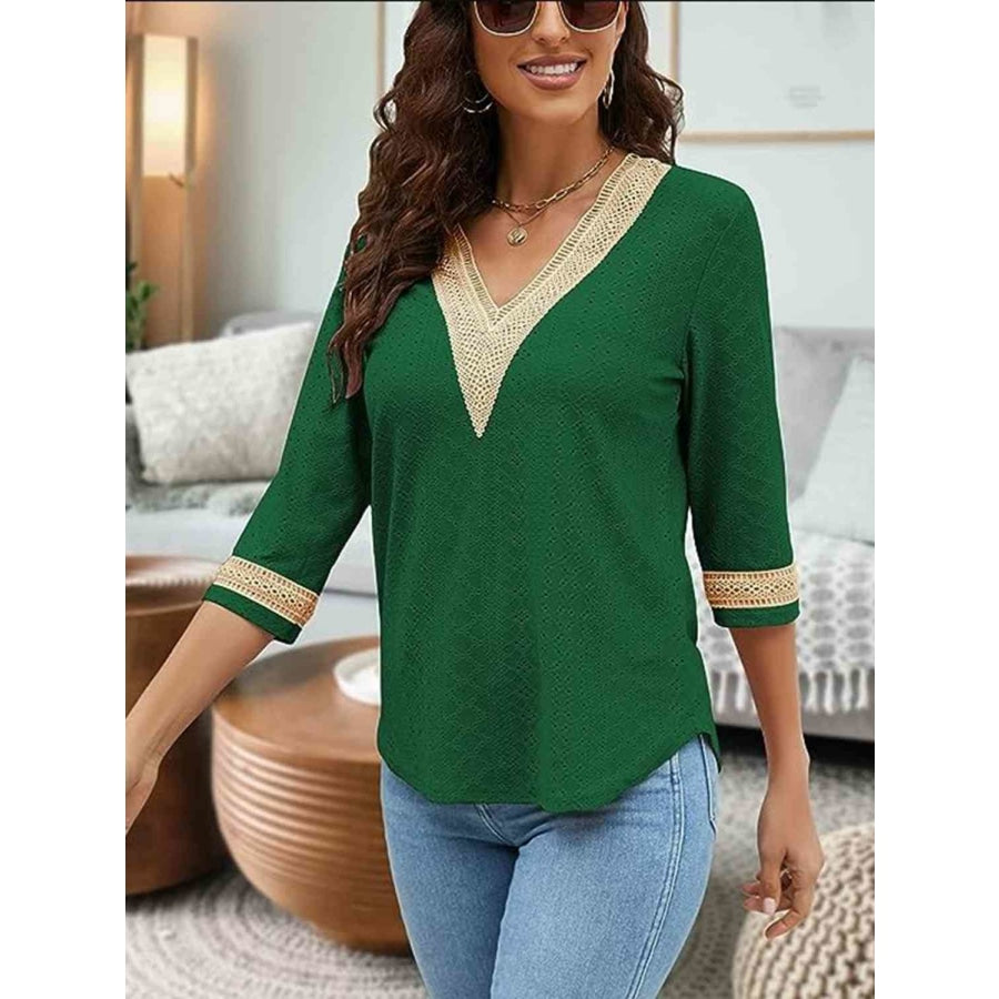 V-Neck Eyelet Blouse Mid Green / S