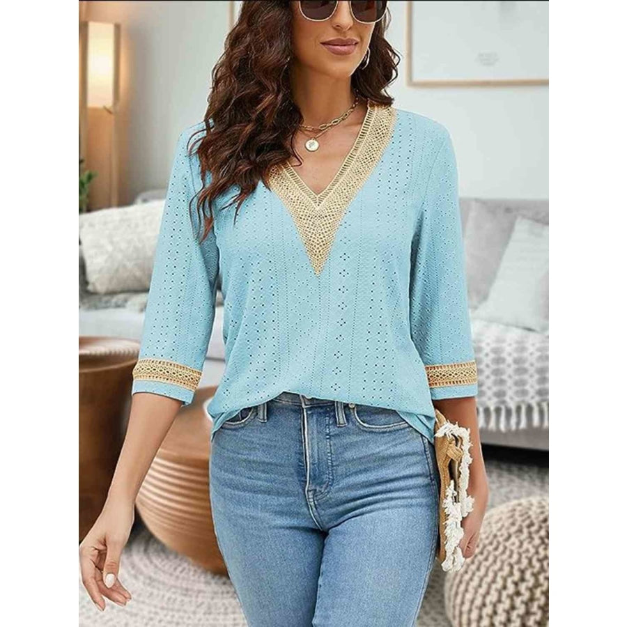 V-Neck Eyelet Blouse Mint Blue / S