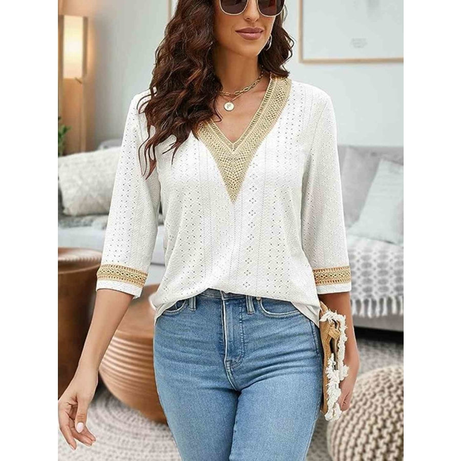 V-Neck Eyelet Blouse White / S