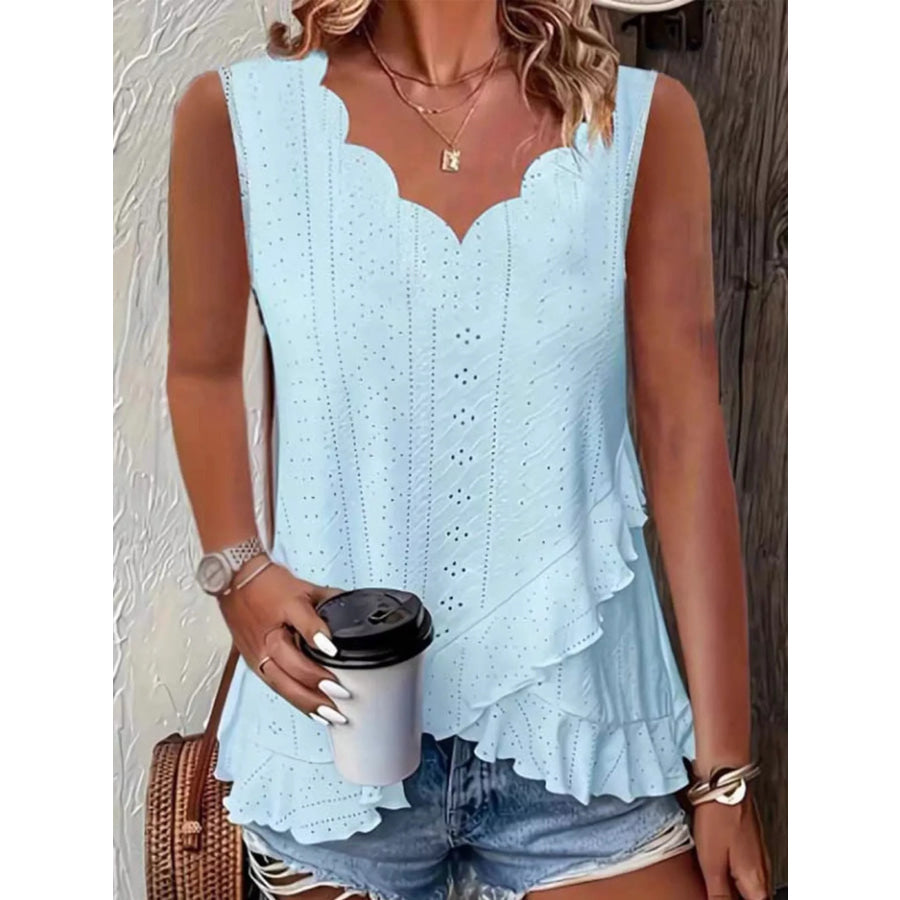 V-Neck Eyelet Ruffled Tank Top Blue / S Apparel and Accessories