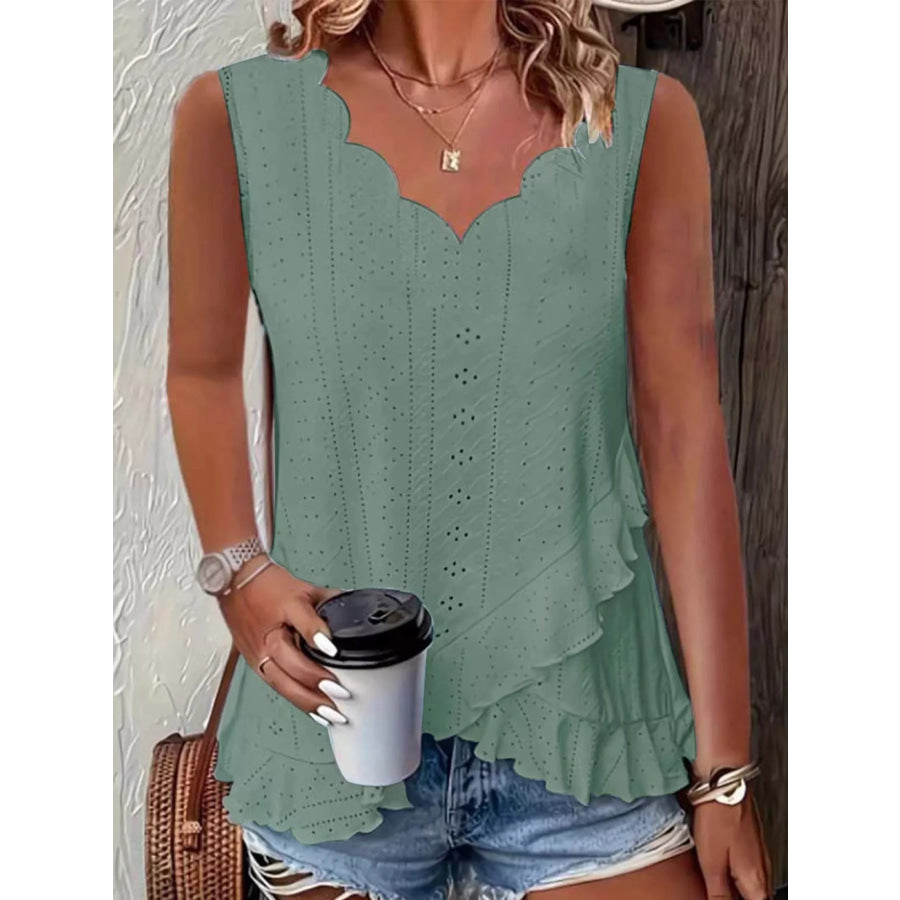 V-Neck Eyelet Ruffled Tank Top Green / S Apparel and Accessories