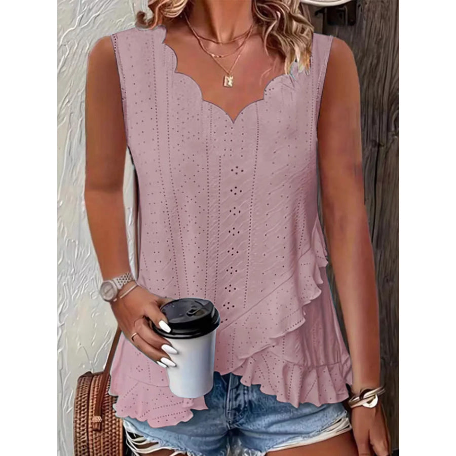 V-Neck Eyelet Ruffled Tank Top Pink / S Apparel and Accessories