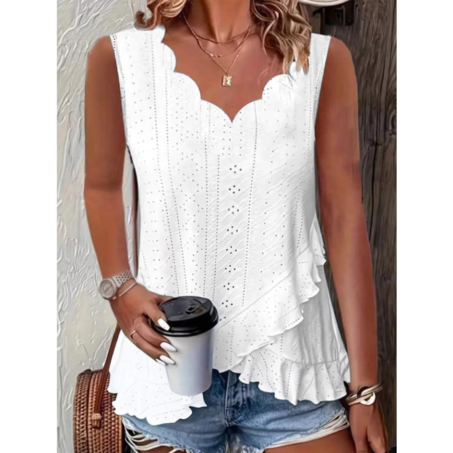 V-Neck Eyelet Ruffled Tank Top White / S Apparel and Accessories