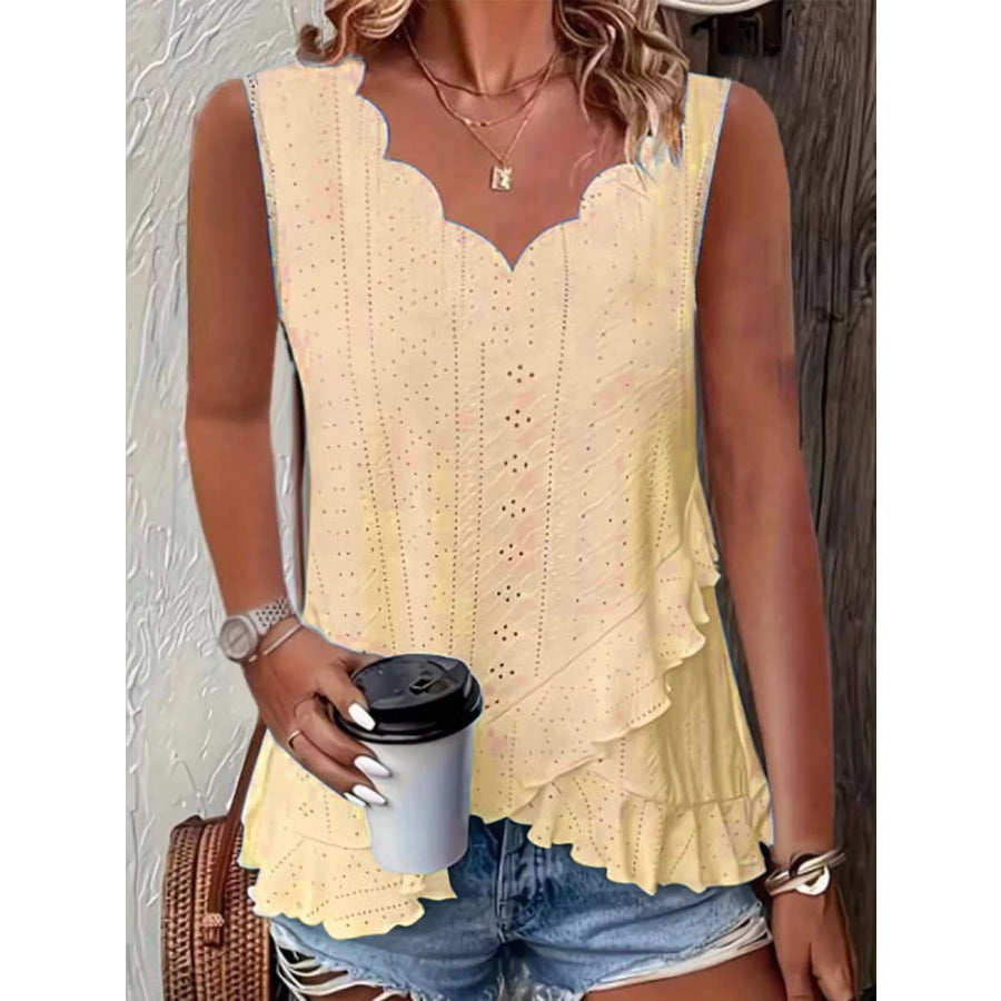 V-Neck Eyelet Ruffled Tank Top Yellow / S Apparel and Accessories