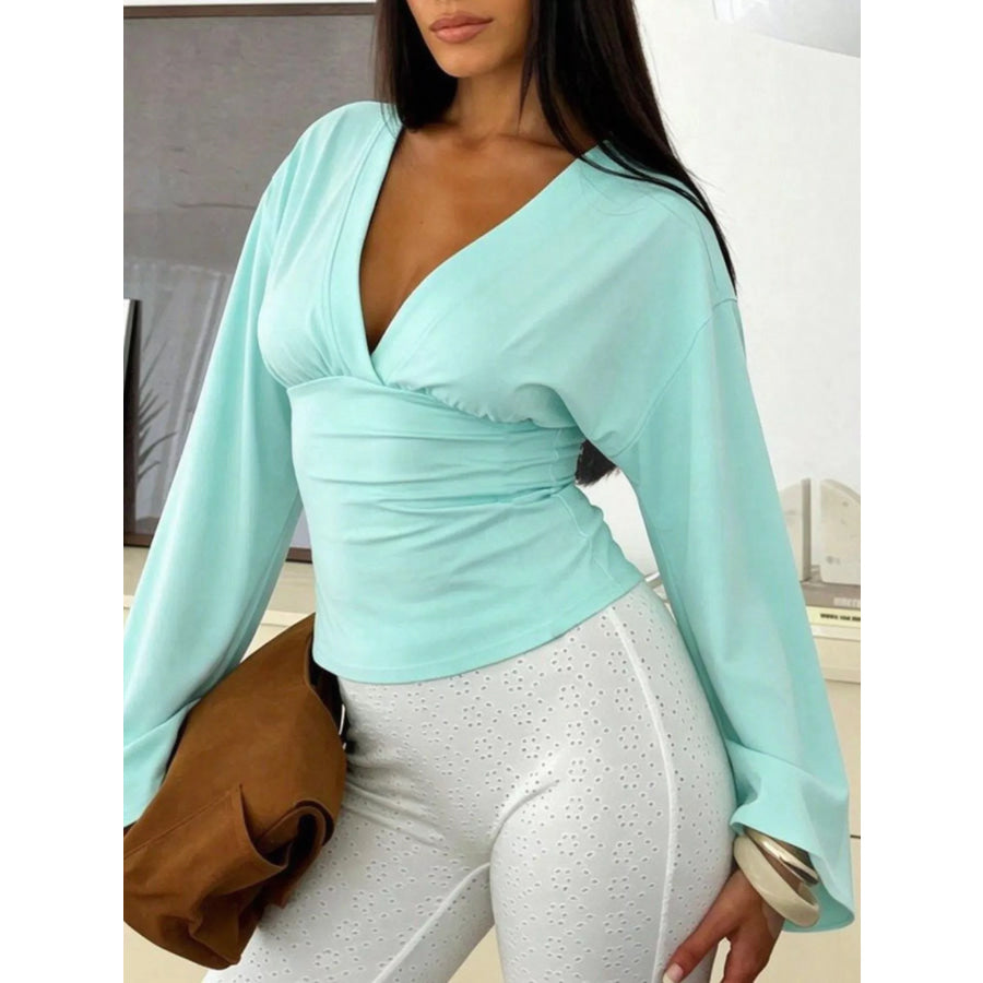 V-Neck Flare Sleeve Blouse Mint Blue / S Apparel and Accessories