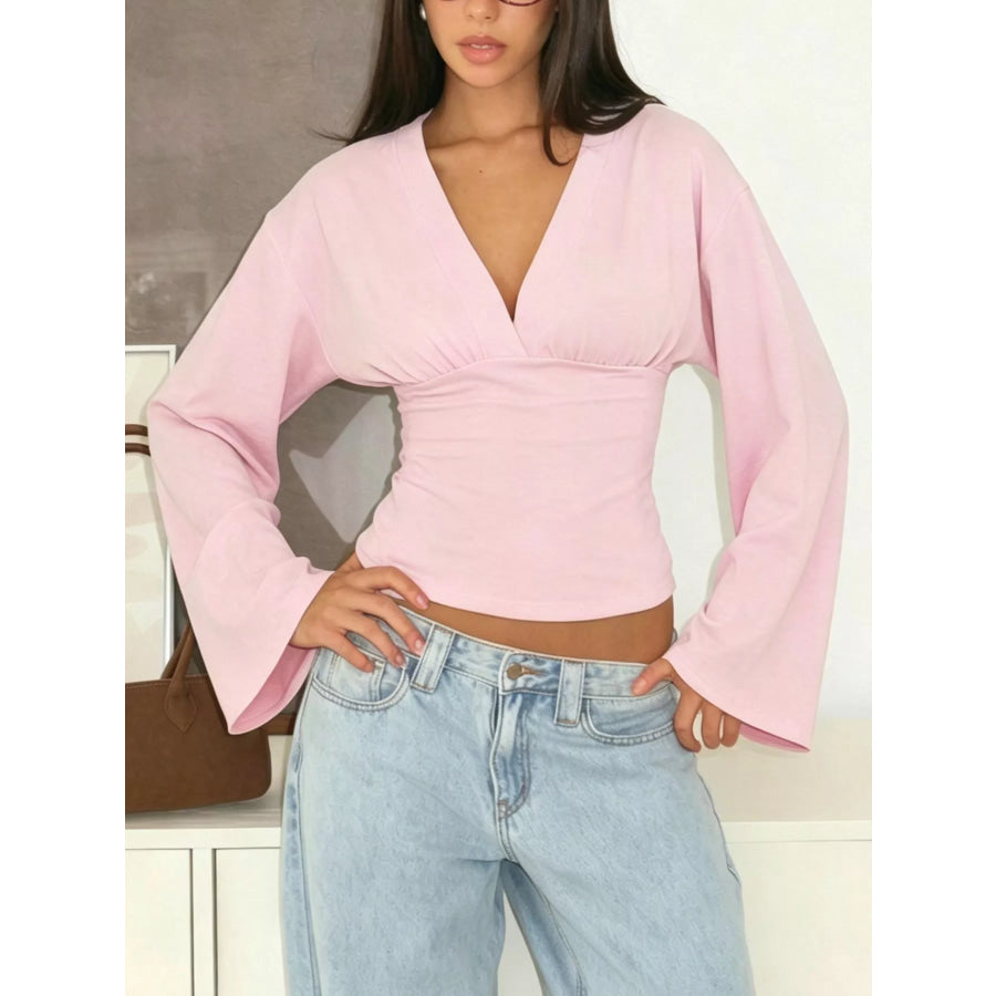 V-Neck Flare Sleeve Blouse Pink / S Apparel and Accessories