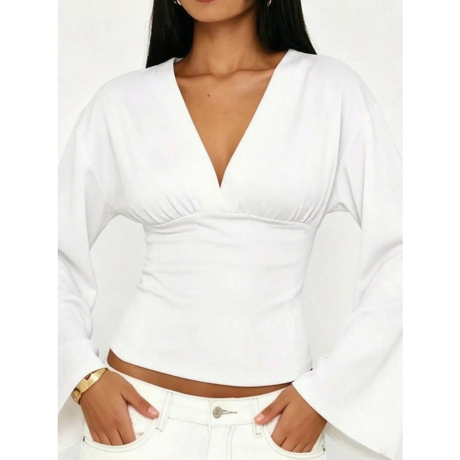 V-Neck Flare Sleeve Blouse White / S Apparel and Accessories