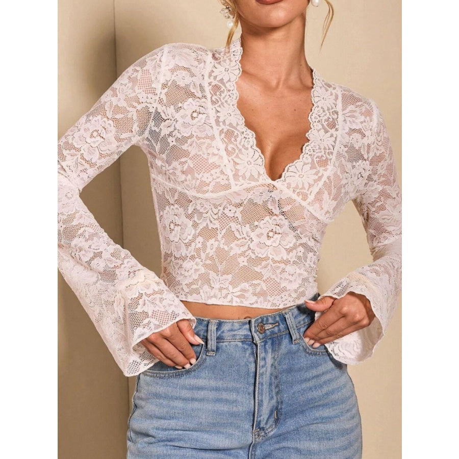 V-Neck Flare Sleeve Lace Top Apparel and Accessories