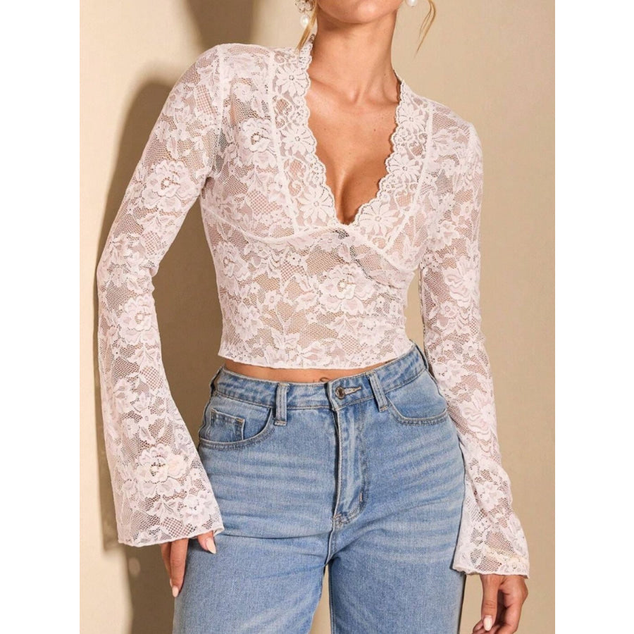 V-Neck Flare Sleeve Lace Top White / S Apparel and Accessories