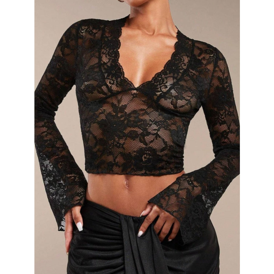 V-Neck Flare Sleeve Lace Top Apparel and Accessories