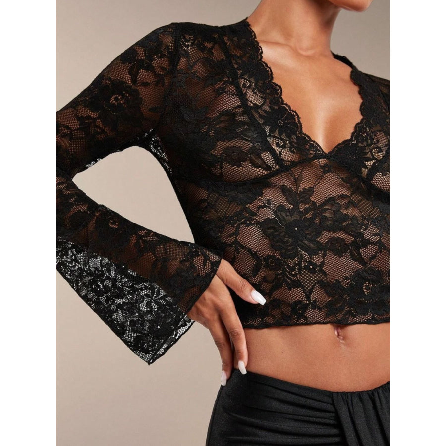 V-Neck Flare Sleeve Lace Top Apparel and Accessories