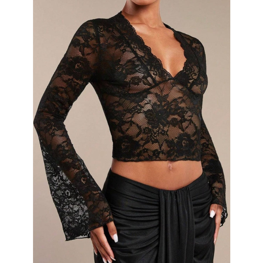 V-Neck Flare Sleeve Lace Top Apparel and Accessories