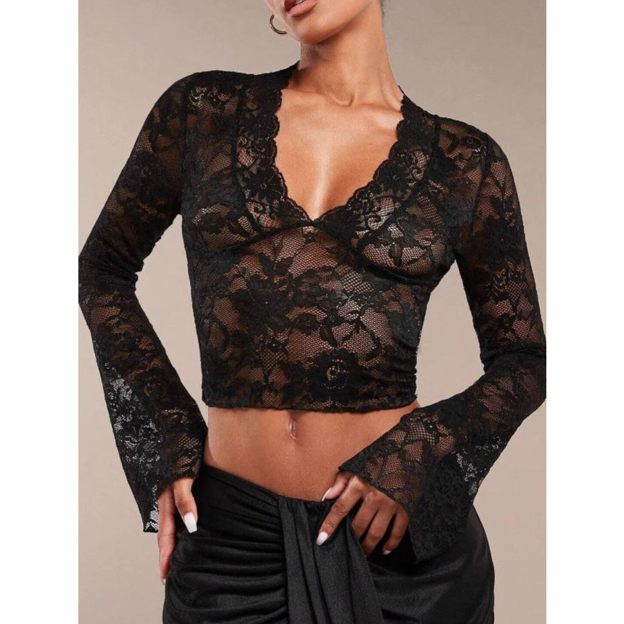 V-Neck Flare Sleeve Lace Top Black / S Apparel and Accessories