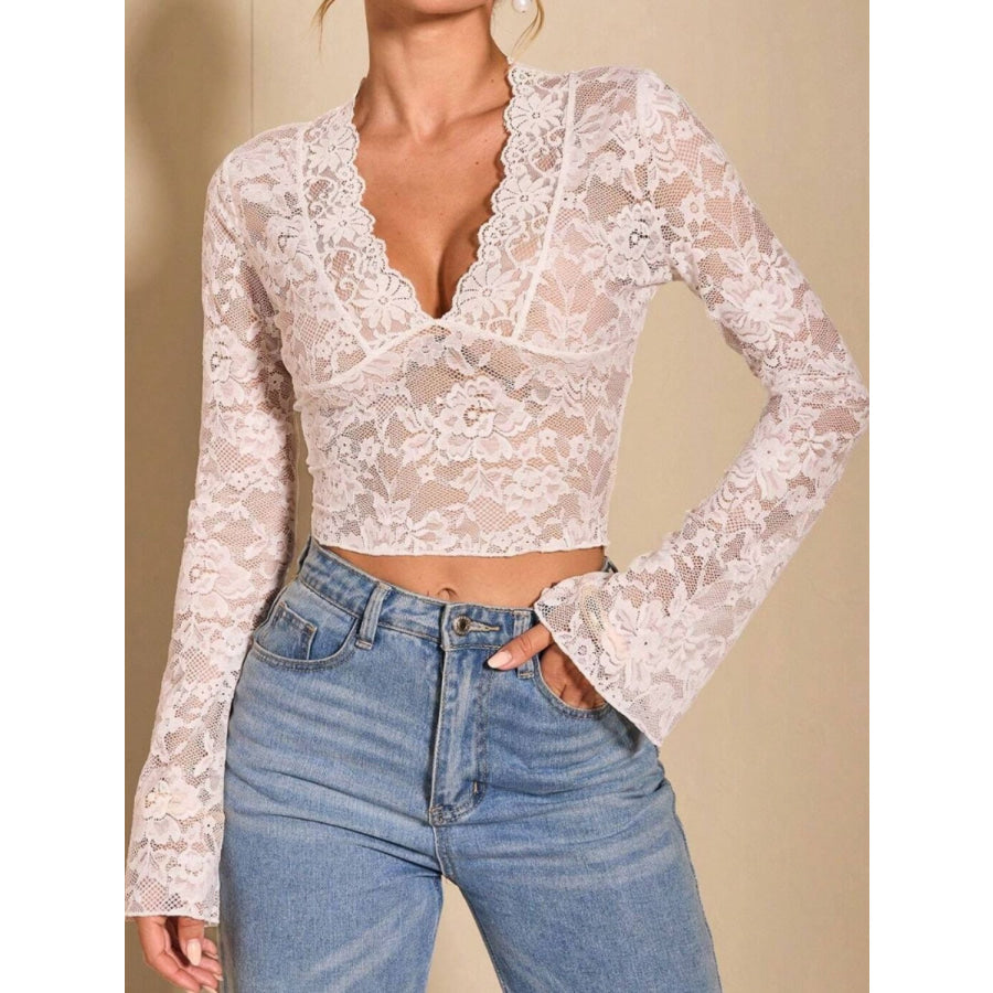 V-Neck Flare Sleeve Lace Top White / S Apparel and Accessories