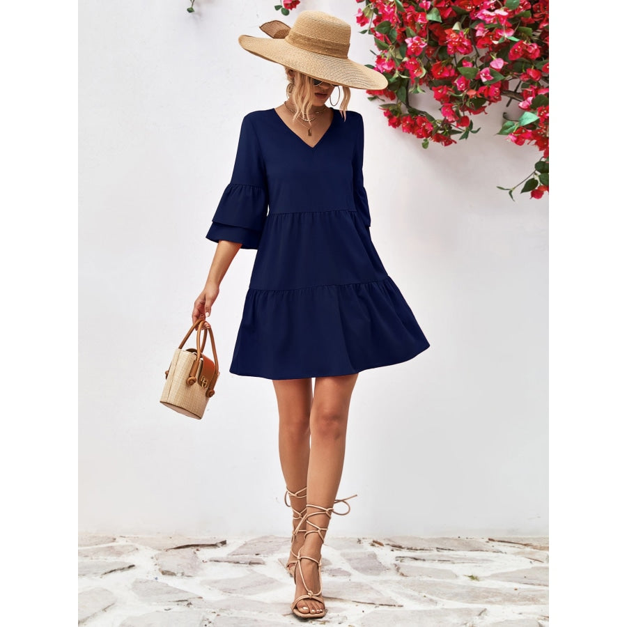 V-Neck Flare Sleeve Mini Dress Dark Navy / S