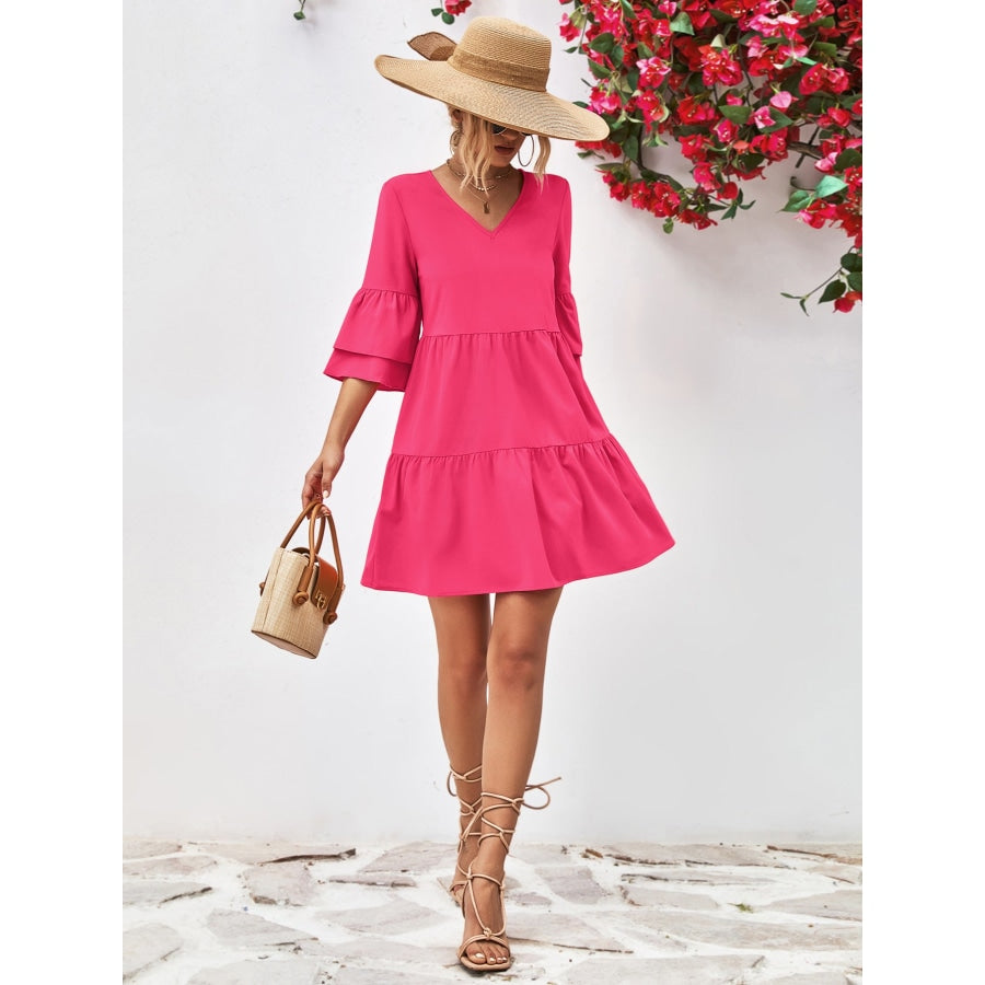 V-Neck Flare Sleeve Mini Dress Hot Pink / S