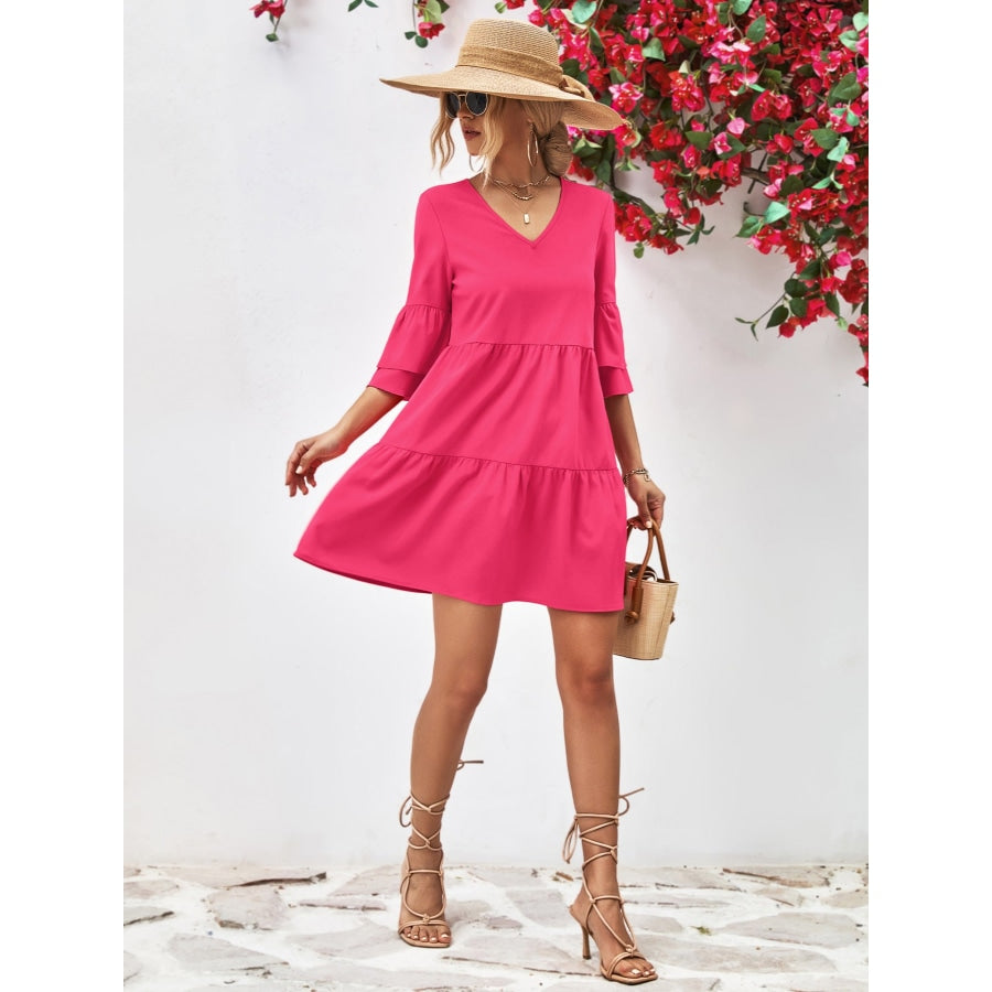 V-Neck Flare Sleeve Mini Dress