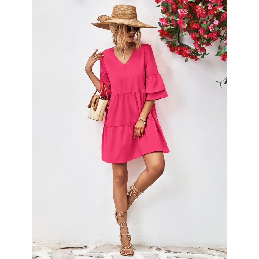 V-Neck Flare Sleeve Mini Dress