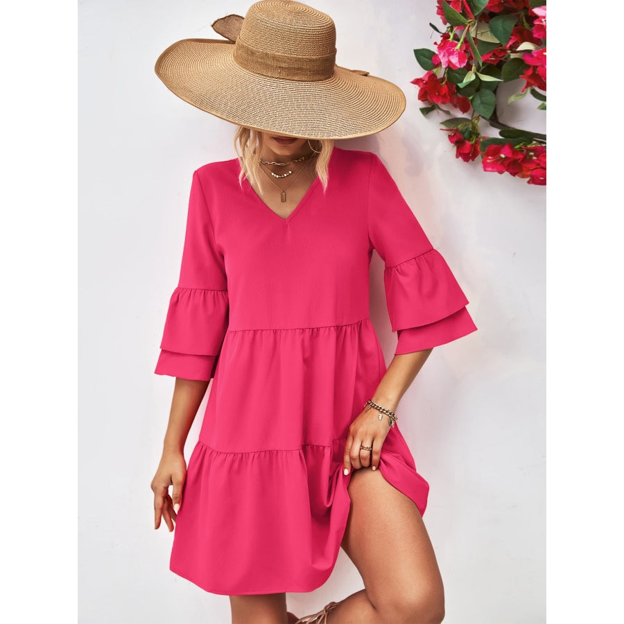 V-Neck Flare Sleeve Mini Dress