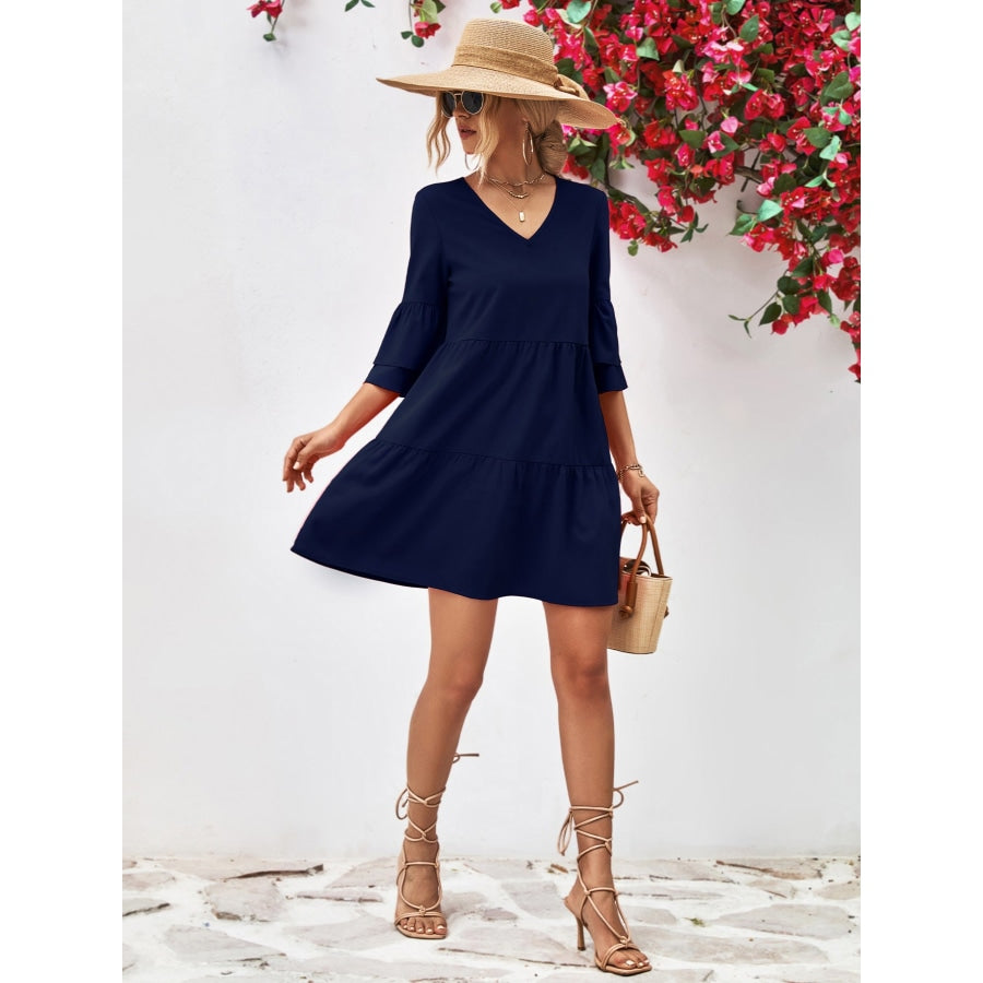 V-Neck Flare Sleeve Mini Dress