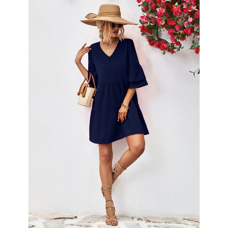 V-Neck Flare Sleeve Mini Dress