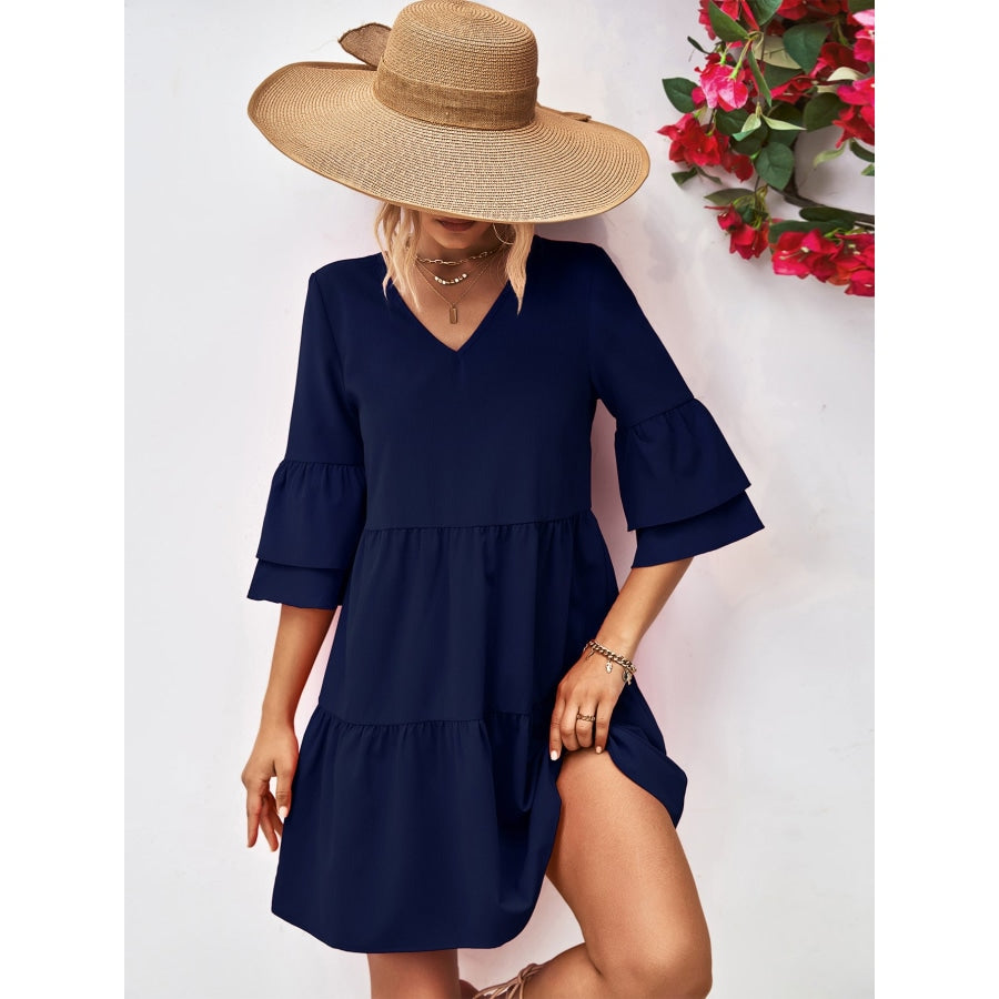 V-Neck Flare Sleeve Mini Dress