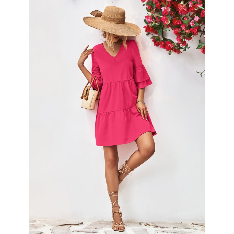 V-Neck Flare Sleeve Mini Dress