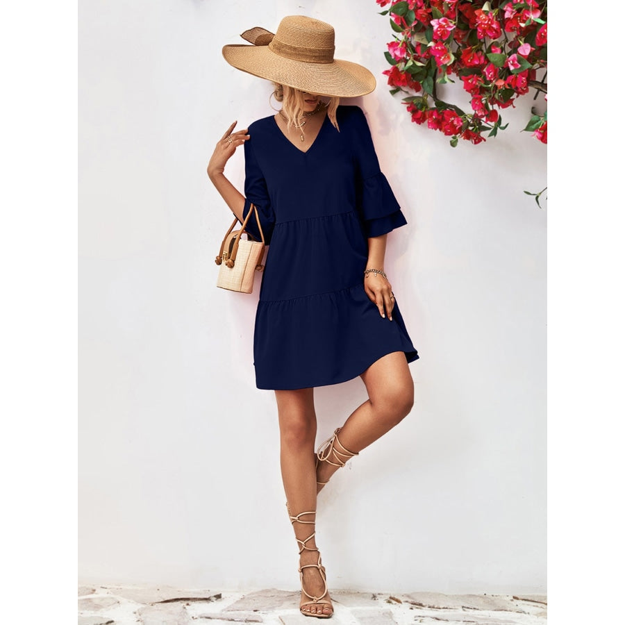 V-Neck Flare Sleeve Mini Dress