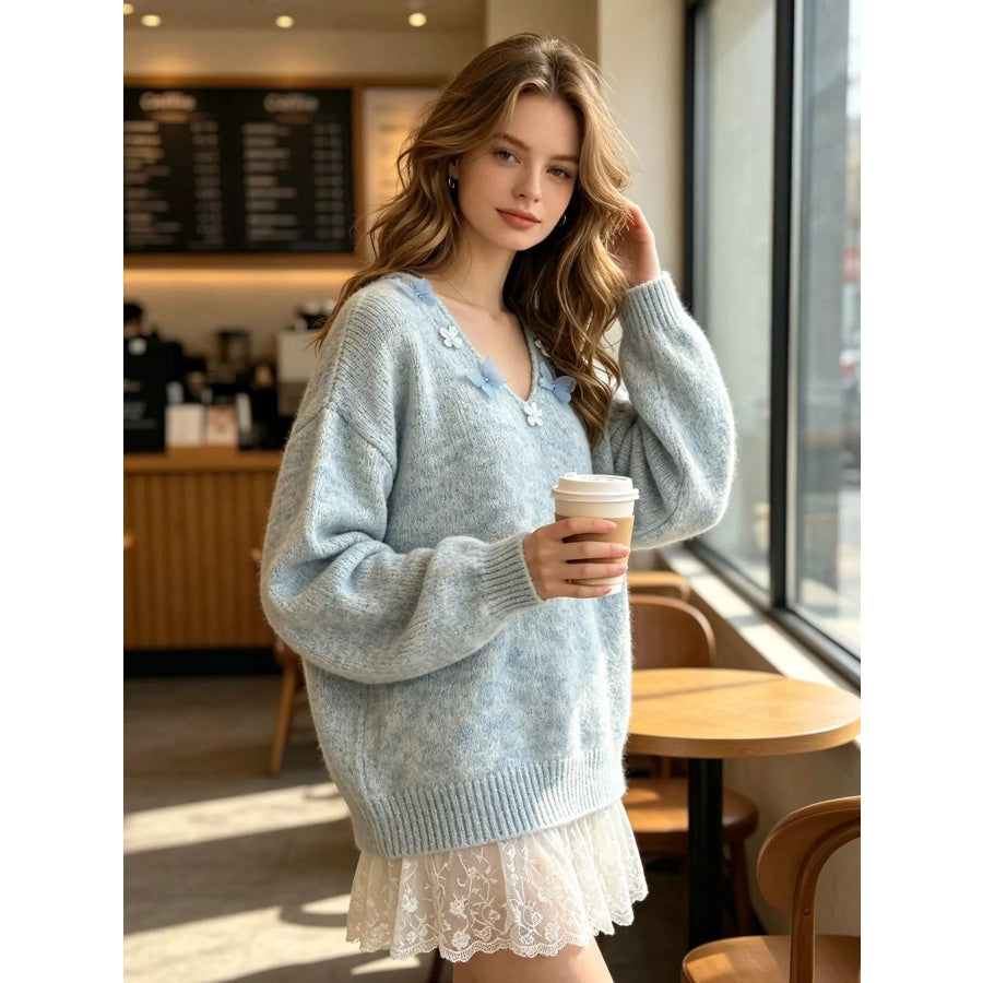 V-Neck Floral Applique Lace Hem Sweater Apparel and Accessories