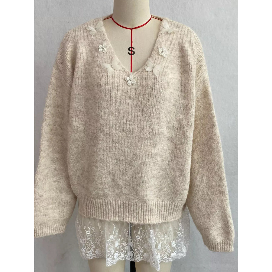 V-Neck Floral Applique Lace Hem Sweater Apparel and Accessories