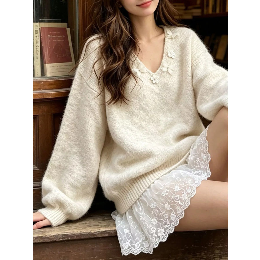 V-Neck Floral Applique Lace Hem Sweater Apparel and Accessories