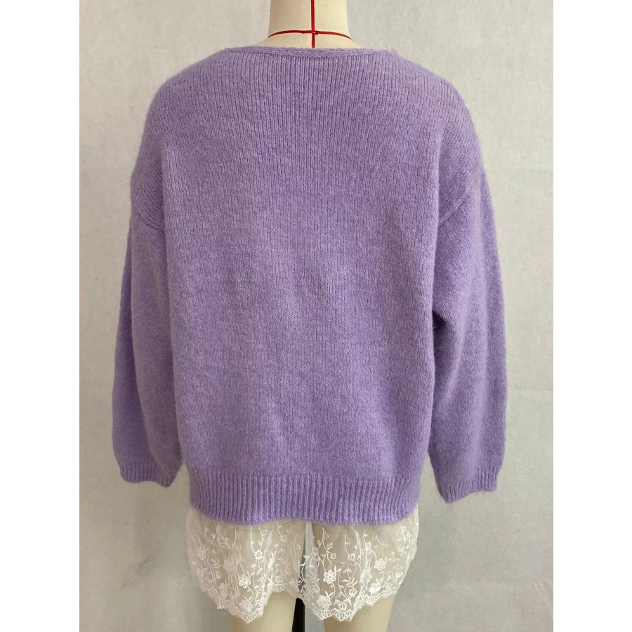 V-Neck Floral Applique Lace Hem Sweater Apparel and Accessories