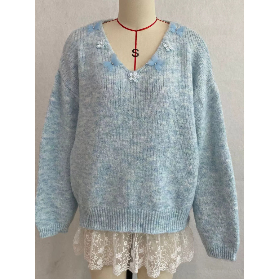 V-Neck Floral Applique Lace Hem Sweater Apparel and Accessories