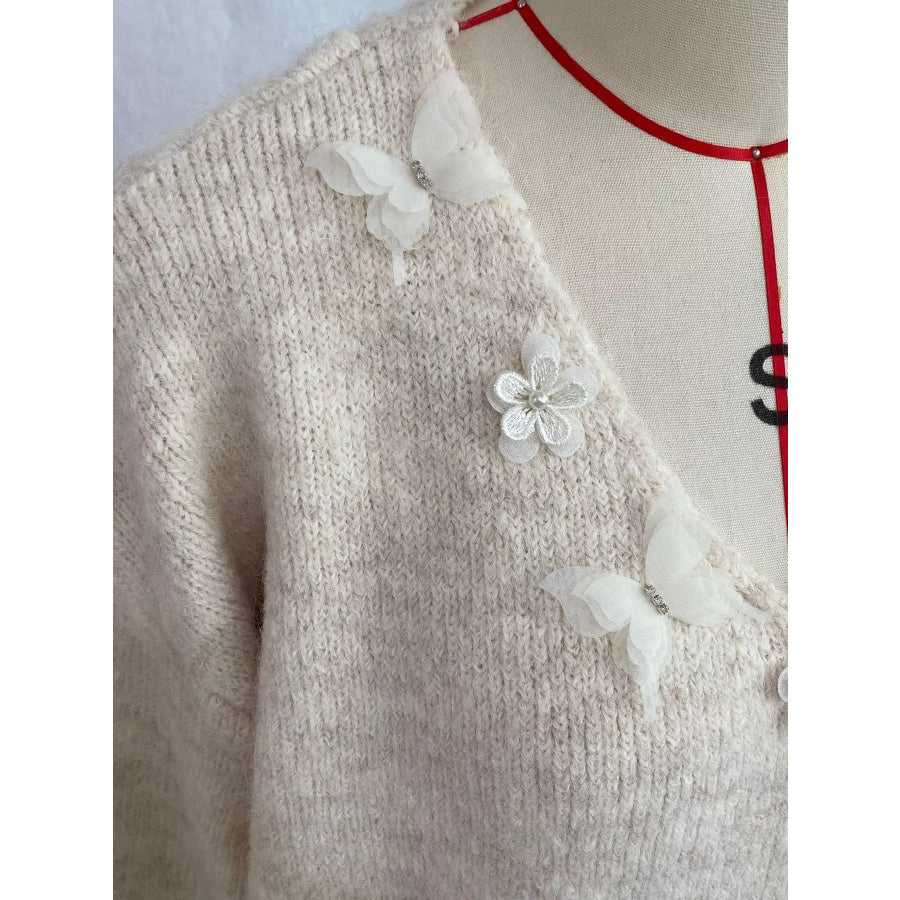V-Neck Floral Applique Lace Hem Sweater Apparel and Accessories