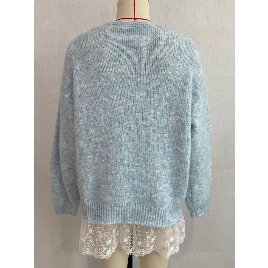 V-Neck Floral Applique Lace Hem Sweater Apparel and Accessories
