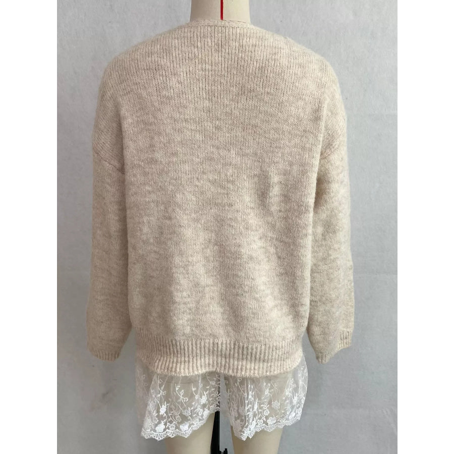 V-Neck Floral Applique Lace Hem Sweater Apparel and Accessories