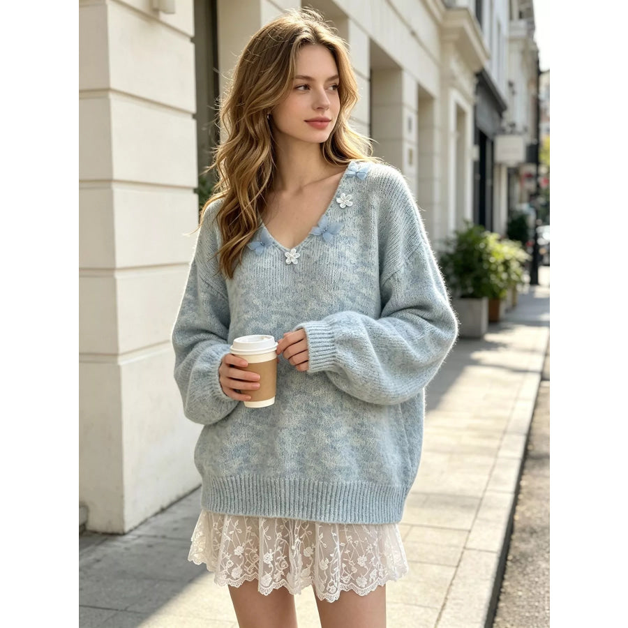 V-Neck Floral Applique Lace Hem Sweater Blue / One Size Apparel and Accessories