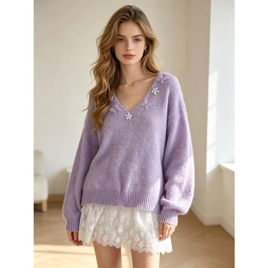 V-Neck Floral Applique Lace Hem Sweater Purple / One Size Apparel and Accessories